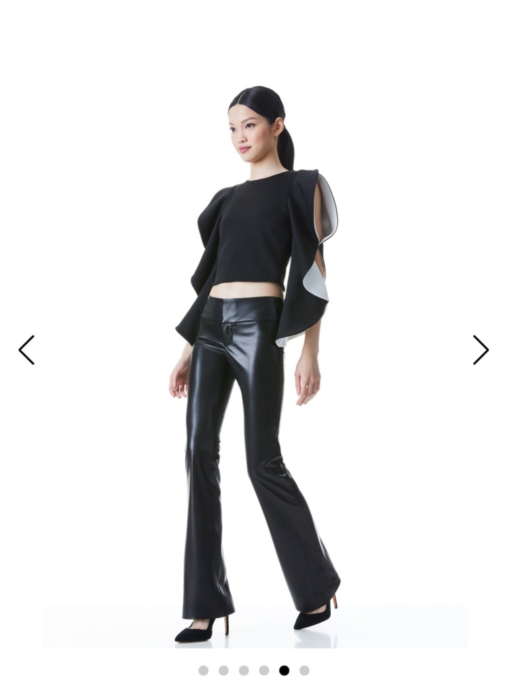 Alice + Olivia Ollie Ruffle Sleeve Crop Top Black with White Statement - Picture 11 of 12